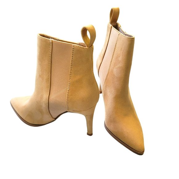 Mustard Tan Suede Heeled Bootie Ankle Boot Pointed Toe Size 5 JJ3320 - Picture 7 of 10